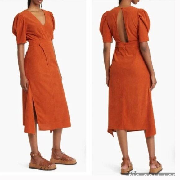Du Paradis Burnt Orange Corduroy Dress Puff Sleeves Cutout Back Size Medium - Picture 1 of 14